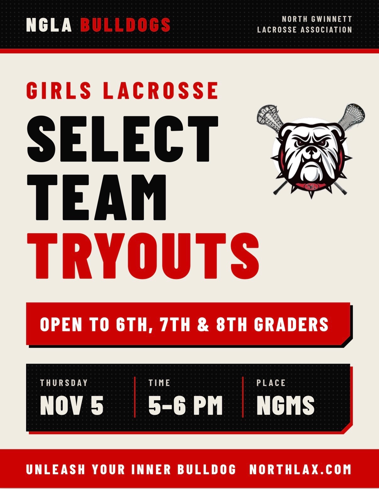 Girls Lacrosse Select Team tryouts flyer for 6th, 7th, and 8th graders