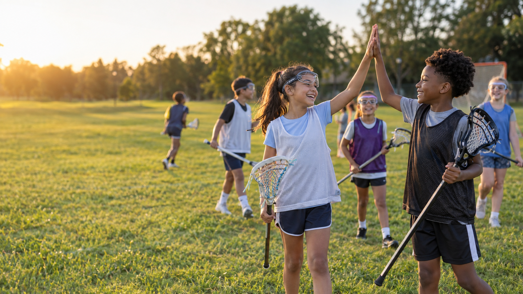 Young lacrosse teammates celebrating together on a community field